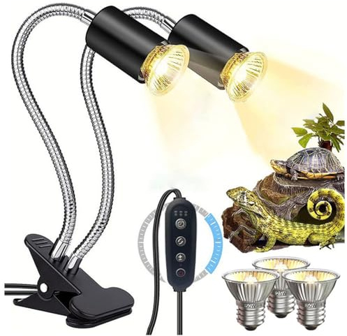 KINGYEENUO Lampe de Chaleur à Double Tête pour Reptiles avec Minuteur, 3 Ampoules: 2x50W 1x25W UVA + UVB E27 Basking Lumière, Lampe à Pince Rotative à 360 ° avec Commande Séparée pour Tortue, Lézard