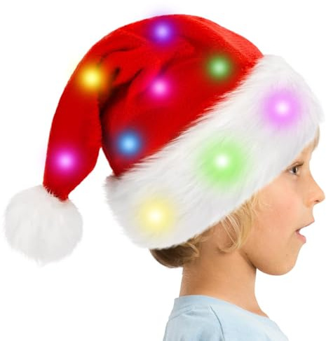 Weihnachtsmütze mit Beleuchtung, Plüschmütze, klassisch, Cosplay, Party für Erwachsene, Kinder