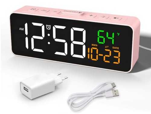 Netzu Digital Wecker Klein, Nachttisch Wecker mit Temperaturanzeige, Datum, 4 Helligkeit, 3 Lautstärke, Snooze, 12/24 Stunden, Wecker Laut für Wohnzimmer Schlafzimmer (Rosa)