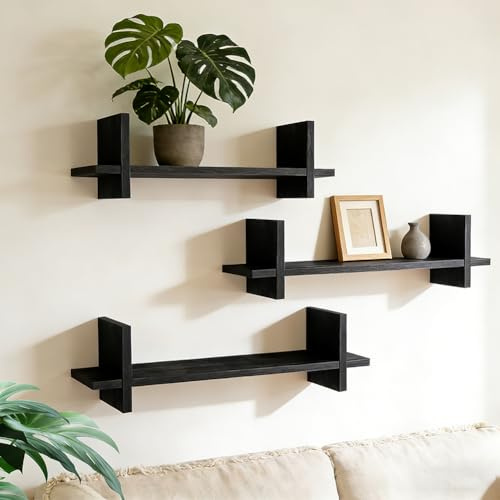 Occzin Wandregal 3er Set aus Holz,Schweberegal,Küchenregal Hängend Bücherregal,Schweberegal für Wohnzimmer, Schlafzimmer, Badezimmer Deko,Einfach zu Montieren Multifunktional Hängeregal (Schwarz)