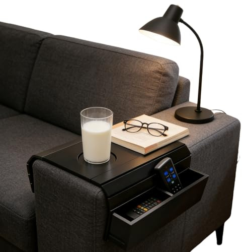 Sofatablett Armlehne aus Bambus, Flexibles Sofa Tablett rutschfest für Getränke Snacks Handy, Armlehnen Tablett faltbar für Couch Ablage, Premium Sofabutler für Sofalehne, Schwarz