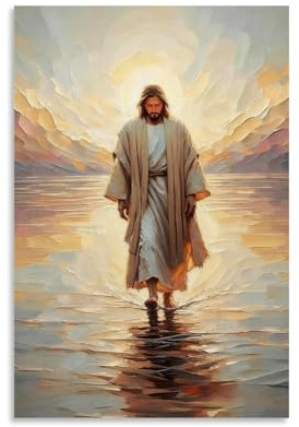 Jesus Wandkunst, Jesus geht auf Wasser, Leinwand, christliches Dekor, goldenes Bild, Walk of Christus, Gemälde, Göttliche Barmherzigkeit, Poster für Gebetszimmer, Zuhause, Büro, 20 x 30 cm