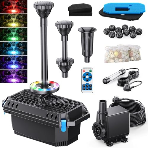 Biling Pond Filter with UV Light & LED for Garden Water Feature Maintain | 3 Nozzles, RGB LED, 2500L/H Pond Pump and Filter for 600-4000L Garden Pond Fish Tank Waterfall, 5m Cord UK Plug, Water Valve