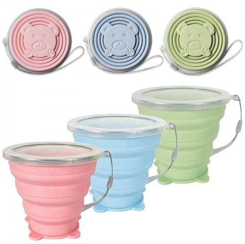 Pack de 3 Vasos Plegables de Silicona 180ml con Tapa, Taza de Viaje Portátil y Reutilizable Sin BPA, Vaso Extensible para Camping, Senderismo, Oficina y Deportes al Aire Libre (Rosa, Azul, Verde)
