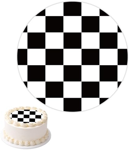 Black and White Checkered Edible Cake Topper, Pre-Cut 14cm/5.51in Round | Racing Theme Cake Decoration for Birthday Cakes & Desserts