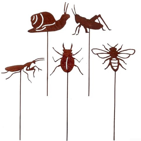 Rostige Insekten-Dekopfähle, 5 Stück, Eisen-Garten-Silhouetten für Rasen und Außenbereiche, wetterfeste Tierkunst für Gartenverschönerung