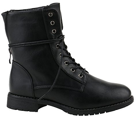 Damen Stiefeletten Profilsohle Worker Boots Leder-Optik Schnürstiefeletten Camouflage Verlours Schuhe 144216 Schwarz Schwarz 40 Flandell