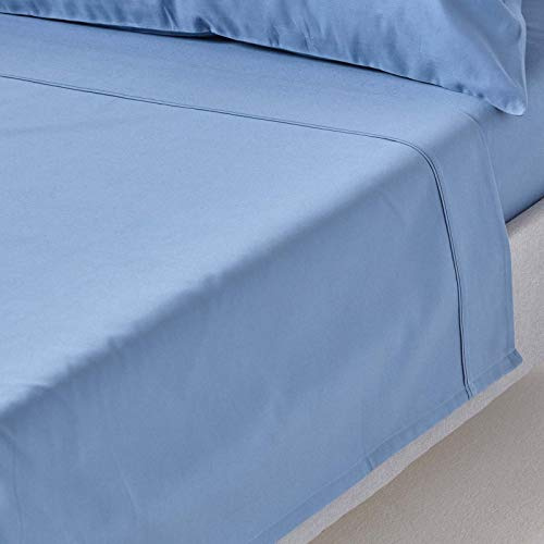 HOMESCAPES Luxus Bettlaken ohne Gummizug blau 230x255 cm, Satin Baumwoll-Betttuch, Haustuch ägyptische Baumwolle