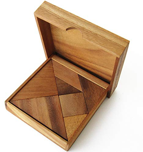 TANGRAM à partir de 6 ans, casse tête en bois massif aux normes CE. Difficulté 2/6 marque française Le Délirant, un puzzle avec plus de 170 figures à réaliser. Boite en bois refermable, jeu de voyage.