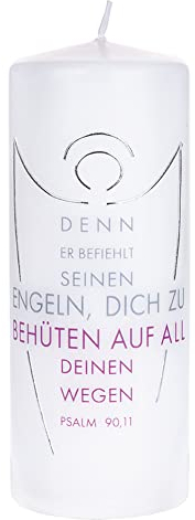 FRITZ COX Kerze mit Spruch | Wachskerze mit Silberwachs-Streifen | Paraffinwachskerze | 15x6cm (Denn er befielt seinen Engeln)