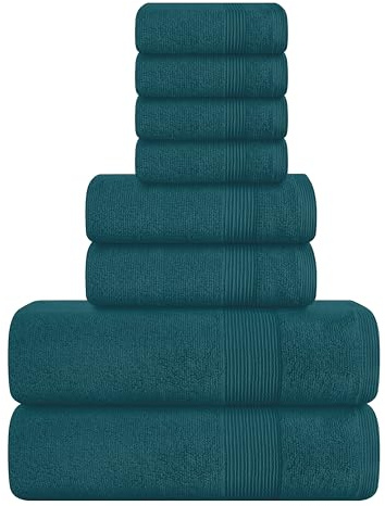Elvana Home 8-teiliges Handtuch-Set, 100% ringgesponnene Baumwolle, 2 Badetücher 68 x 137 cm, 2 Handtücher 40 x 71 cm und 4 Waschlappen 33 x 33 cm, sehr weich, Hotel-Spa-Qualität, Blaugrün