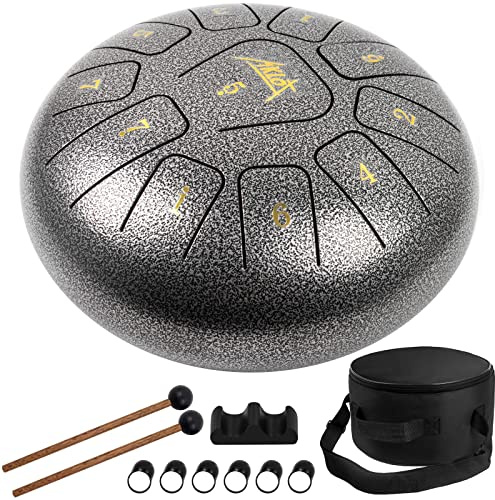 AKLOT Tambor de lengua de acero de 10 pulgadas, 11 notas, tambor de percusión de acero con mazos de tambor, calcomanías de notas, soporte de mazo y bolsa de concierto