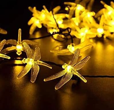 Solar Dragonfly String Light Outdoor Waterproof Auto-On/Off Fairy Light for Garden Patio Party Swimming Pool Decoration (Warm White)