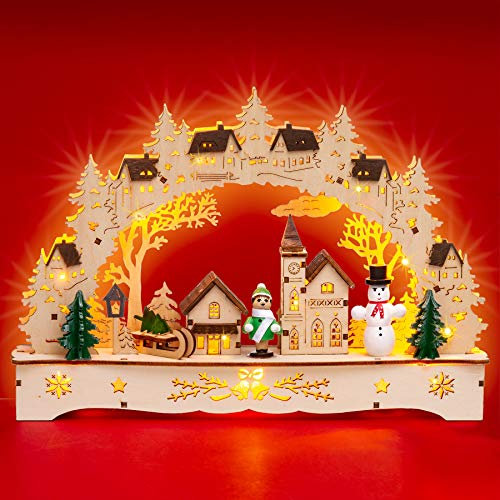 SIKORA LB63s Kleiner Schwibbogen aus Holz beleuchteter LED Lichterbogen Deko Weihnachten Motiv Dorfkirche mit Häusern Breite 27cm