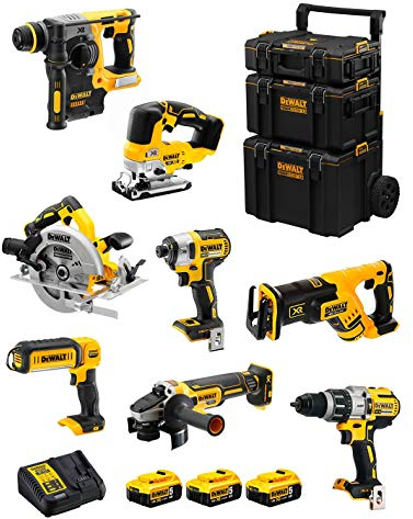 DeWALT Kit DWK805 (DCD996 + DCH273 + DCG405 + DCF887 + DCS334 + DCS367 + DCS570 + DCL050 + 3 Batterie 5,0 Ah + Caricabatterie + Caddy 3en1)