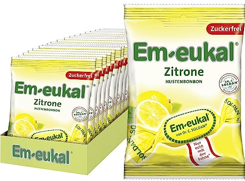 Em-eukal Dolci per la tosse al limone con vitamina C, senza zucchero e senza lattosio, caramelle con note al mentolo, 20 x 75 g