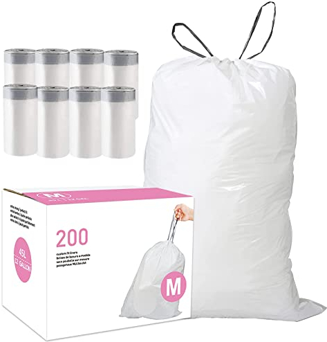Code M (200 Count) 12 Gallon Heavy Duty Drawstring Plastic Trash Bags Compatible with simplehuman Code M | 1.2 Mil | White Drawstring Garbage Liners 12 Gallon/45 Liter