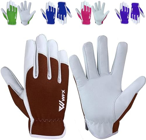 WFX Leder-Arbeitshandschuhe für Gartenarbeiten, atmungsaktiv, dornensicher, Handflächenbau, strapazierfähig, Gartenhandschuhe, Damen und Herren, Gripper Utility (dunkelbraun, M)