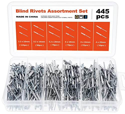 WiMas 445PCS Aluminium Kuppelkopf Blindnieten, Selbststeckend Offenes Ende Aluminium Blindnieten Poppnieten 4x20mm, 4x16mm, 4x10mm, 3.2x20mm, 3.2x16mm, 3.2x10mm (6 Größen)