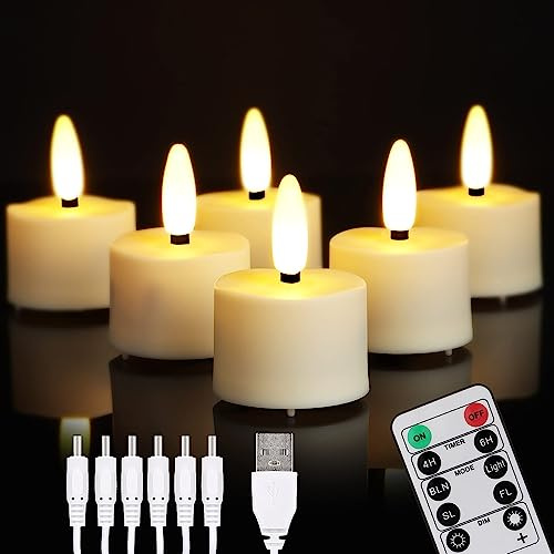 Lot de 6 bougies chauffe-plat LED rechargeables avec télécommande, à piles avec flamme vacillante, câble de charge USB, bougies votives minuteries pour décoration de mariage, fête de Noël
