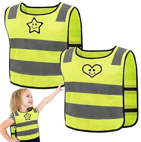 2 Stück Warnweste Kinder,Sicherheitsweste Kinder (3-12 Jahre),Reflektorweste,Atmungsaktive Warnweste,Reflektierende Sicherheitsweste,Sicherheitsweste Auto,Neongelbe Weste,Signalweste,Kinderwarnweste