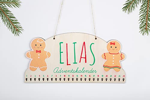Adventskalender 'Lebkuchen' aus Holz mit Wunschnamen personalisiert, bedruckt, wiederverwendbar, Maße 38x19cm