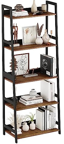 Mafalion Ladder Shelf Bamboo 5 Tier Ladder Bookshelf for Living Room, Bedroom, Industrial Style, Rustic and Brown