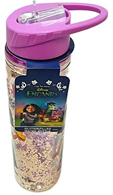 Divas World Encanto Glitter Filled Water Bottle with Straw Reusable 550ML Leak-proof School Travel Sports Girls Boys Child Gift