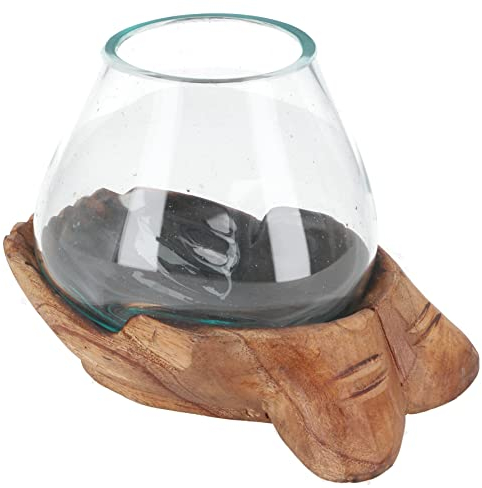 GURU SHOP Vase, Teelichtglas aus Mundgeblasenem Glas auf `gebenden Händen` - Teak L, 15x20x13 cm
