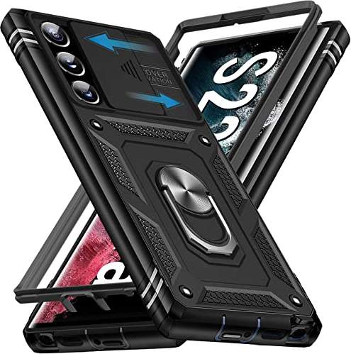 Giyer Handyhülle für Samsung Galaxy S22 Ultra Hülle mit Kameraschutz 360° Metall Ring Ständer Stoßfest Bumper Schutzhülle Samsung S22 Ultra 6.8 Case Cover (Schwarz)
