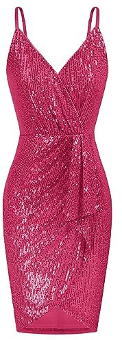 GRACE KARIN Festliche Kleider Für Hochzeit Ärmellos V Ausschnitt Pailletten Trägerkleid Kleid Rose Rot L