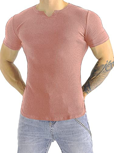 Muhshoiy T-Shirt à Manches Courtess Coupe Ajustée Homme,Coupe Slim Manche Courtes Henley T-Shirt Décontractée Col en V Maillots de Corps Rose S