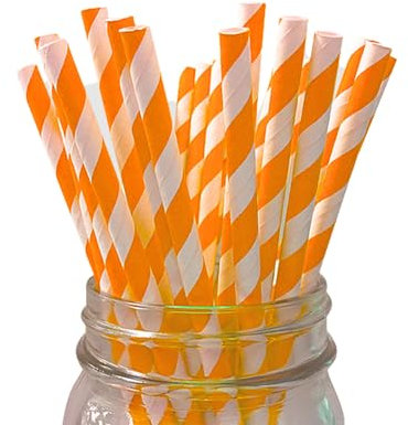 Berto Paper Straws 25pcs, Biodegradable Recyclable Drinking Straws for Wedding | Birthday Party Straws for Cocktail, Holiday, Coffee, Soda, Baby Shower Suppliers. (White with Orange Stripes)