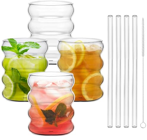 DTYGUIXE 4PCS Tasse à Café en Verre Verres à Boissons Ondulés Verre à Cocktail Verres à Boire Nervurés Tasse en Verre à Rayures Verticales avec Pailles et Brosses à Paille pour Latte, Glace 350ML