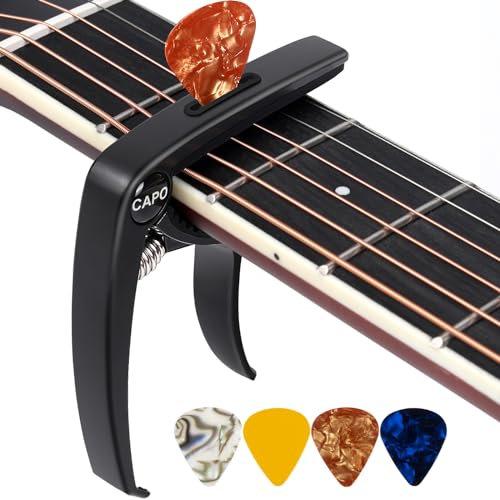 Cejilla de guitarra, 3 en 1 de metal de zinc para guitarras acústicas y eléctricas (con soporte para púas y 4 púas), ukelele, mandolina, banjo, accesorios de guitarra (negro)