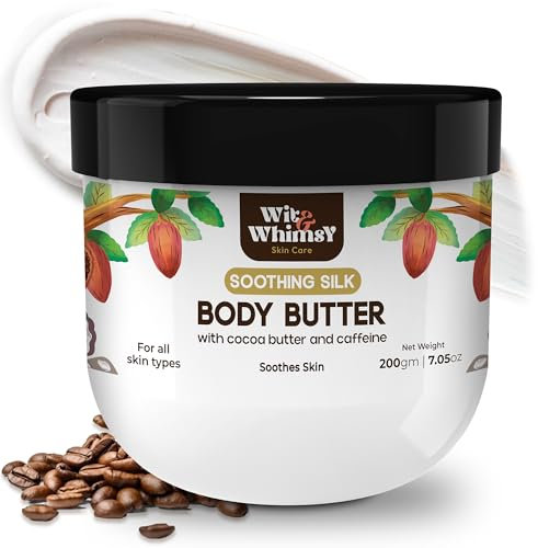 Wit & Whimsy Soothing Silk Body Butter Angereichert mit Kakaobutter und Koffein | Feuchtigkeitscreme für den Körper für alle Hauttypen für 72 Stunden | Hautpflegende Sheabutter – 200 g (7,05 oz)