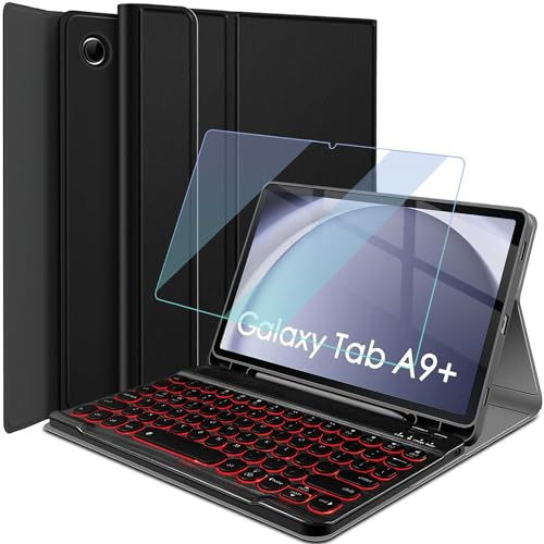 Wineecy Funda con teclado retroiluminado para Samsung Galaxy Tab A9 Plus de 11 pulgadas 2023 (SM-X210/X216/X218) con protector de pantalla, teclado inalámbrico desmontable de luz de 7 colores y funda