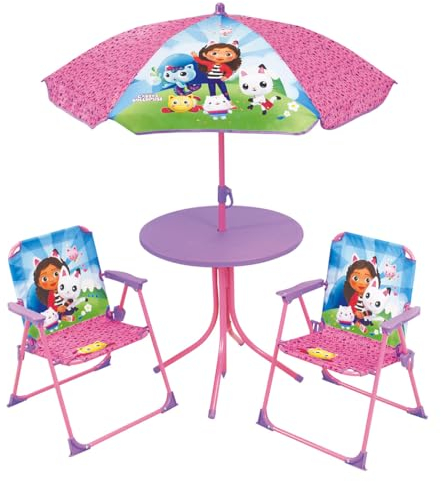 Fun House 713602 Gabby ET La Maison Magique Gartenmöbel-Set für Kinder, mit einem Tisch, H 46 x Ø 46 cm, Zwei Stühle, H 53 x B 38,5 x T 37,5 cm und einem Sonnenschirm, H 125 x Ø 100 cm, Rosa