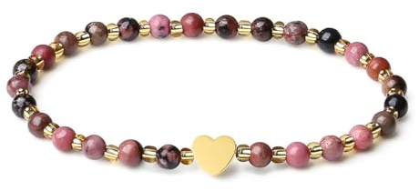 MetJakt Handgemachter Naturstein Perlenarmband 4MM Mini Stretch Armband Energiearmbänder 18k vergoldet Herz Armbänder für Damen Damenschmuck Echtes (Schwarze Spitzen-Rhodonit)
