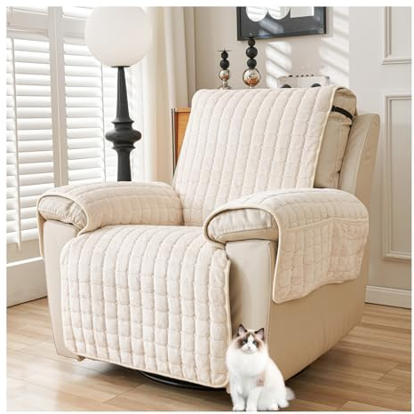 HonunG Sofa Armlehnenbezüge,Flanell Sesselschoner Sesselauflage Mit Taschen,1 2 3 Sitzer für Fernsehsessel Liege Sesselhusse,Anti-Rutsch, Sesselüberzug für Katzen und Hunde (Beige,1 Sitzer)
