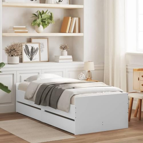 vidaXL Small Single Bed Frame with Drawers - Engineered Wood Bedstead, White Finish, Plywood Slats, Storage Solution for Bedroom - 75x190 cm