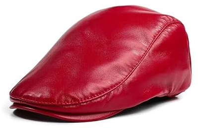 JZTDYPP Schiebermütze Herren Männliche Einlagige Leder-Baskenmützen, Newsboy-Mützen, Männer Und Frauen, Weiß/Rot, Lässiger Entenschnabel-Hut, Elastische Boina, Rot, 59–60 cm