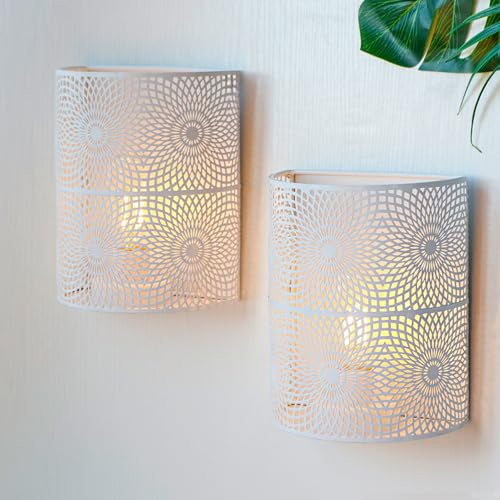 NEWIMAGE Set of 2 Battery Powered Lamp 20cm High Wall Sconce Lighting Metal Modern Wall Mount Lamp with 6-Hours Timer Wall Decor for Living Room Bedroom Hallway Stairway(White, Sunflower)