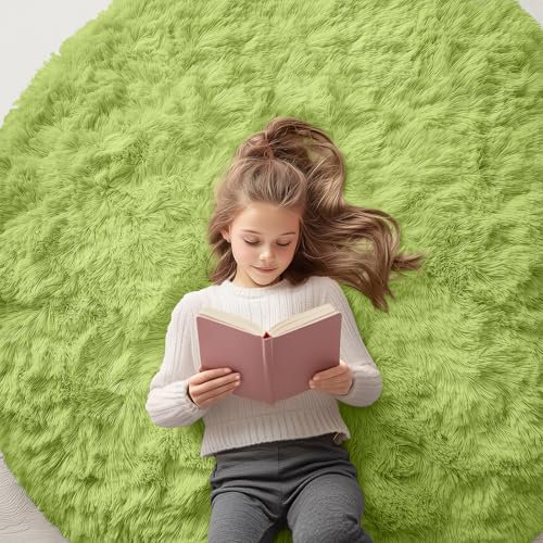 OLANLY Grass Green Round Rugs for Bedroom - Machine Washable, 5x5 Feet Circle Area Rugs for Living Room, Soft Fluffy Shaggy Carpet for Teen Girls and Boys, Dorms, Nursery Rooms, Home Decor Aesthetic