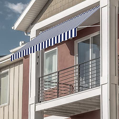 ISOISL Klemmmarkise Markise Balkon 350cm Breit, Balkonmarkise ohne Bohren Handkurbel höhenverstellbar, UV-beständig Sonnenschutz wasserdicht für Terrasse Balkon Veranda, Blau-Weiße