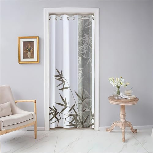 Odot Rideau de Porte Intérieur à Oeillets, Rideau Occultant Isolation Imprimé Bambou Vintage 3D, Rideau de Séparation de Piece pour Entrée, Salon et Chambre - 1 Panneau (Feuilles Grises,80x150cm)