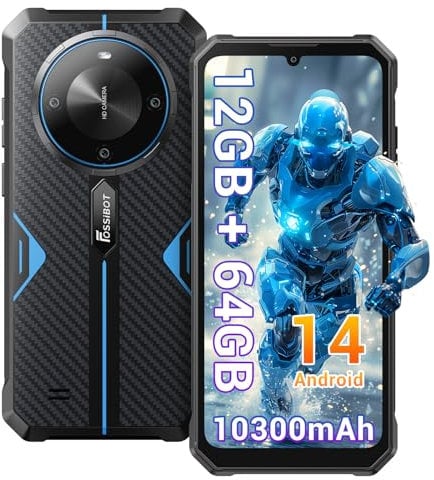 FOSSiBOT F105 Irrompible Android 14 Smartphone, 6.745 HD + Pantalla Impermeable Smartphone, 10300mAh irrompible teléfono móvil, 12GB+64GB/128GB Ampliable, 20MP+8MP/4G-Dual SIM/OTG/GPS/Face ID