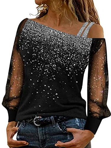 Women Off Shoulder Tops Plus Size Glitter Sequins Shirts Mesh Long Sleeve Print Patchwork Blouse Elegant Oversized T Shirts Casual Blouse Comfy Bargains of The Day Sale Silver
