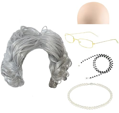 LURVOUS 5 Stück Old Lady Kostüm Set, Oma Perücke Alte Dame Perücke Alte Frauen Perücke mit Perücke Kappe Oma Brille Brillenketten Perlenkette, Oma Rentner Kostüm für Halloween Alte Dame Cosplay (Grey)