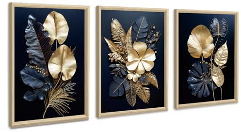 3 Pcs Leinwandbilder Bilder mit Rahmen Marineblau Gold Blumen Kokosnussblatt bild auf leinwand Wandkunst Wandbilder Kunstdruck Deko für Wohnzimmer Schlafzimmer fertig zum Aufhängen 30x40cm x3 Pcs